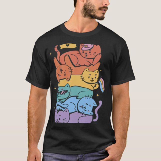 gato Camisetas curtas casuais orgulho Arco-íris (Frente)
