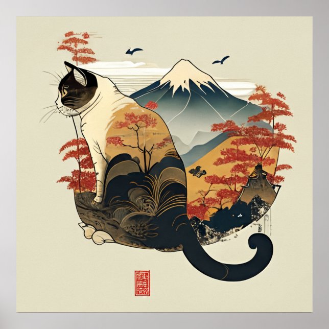 Gato Castanho com Poster do Monte Fuji (Frente)