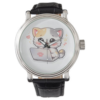 Gato Chibi Kawaii Fofo com Pulseira de Relógio de