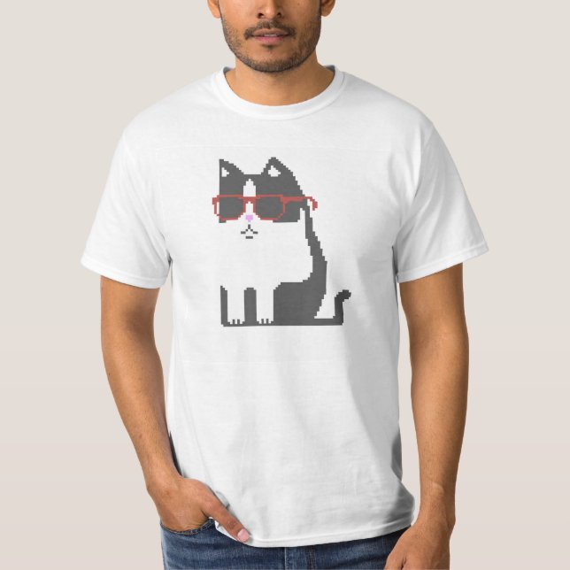 Gato cinzento no t-shirt vermelho da arte do pixel (Frente)