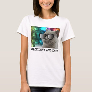 Gato cinzento que veste óculos de sol, t-shirt