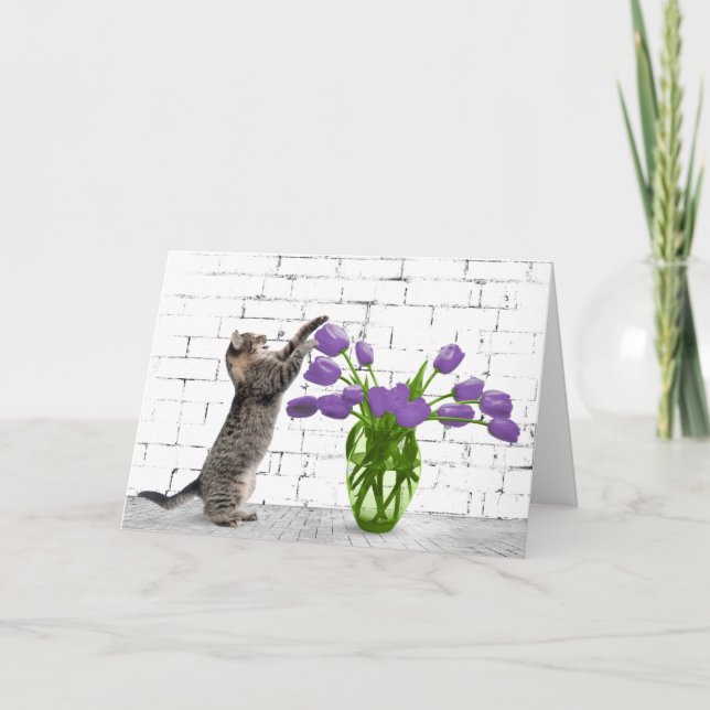 Gato com Cartão de Aniversário de Tulipa Roxo (Frente)