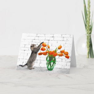 Gato com Cartão de Aniversário de Tulipas Laranj