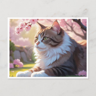 Gato com cartão postal da árvore Sakura