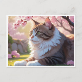 Gato com cartão postal da árvore Sakura