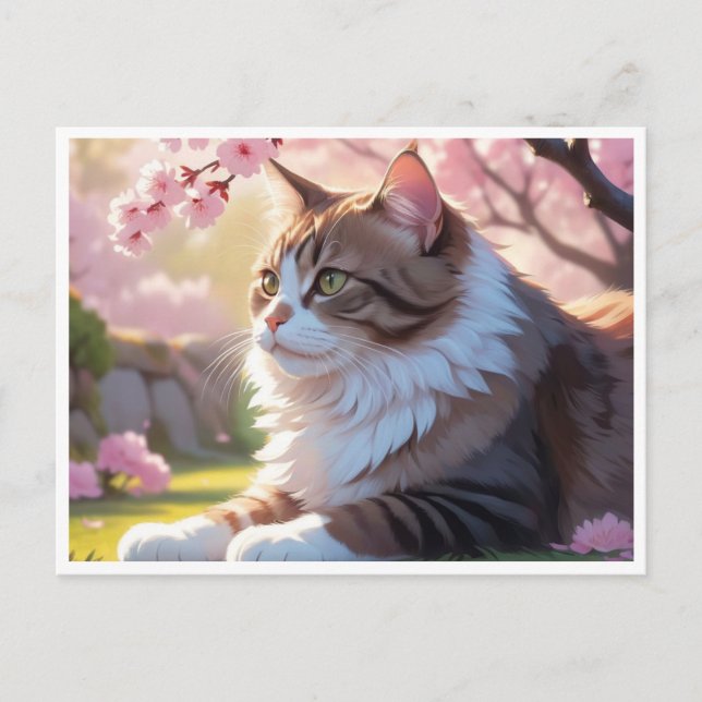 Gato com cartão postal da árvore Sakura (Frente)