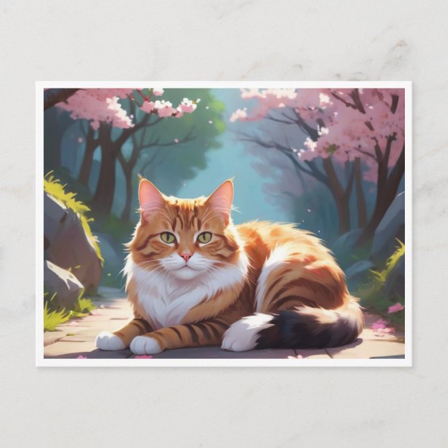 Gato com cartão postal da árvore Sakura (Frente)
