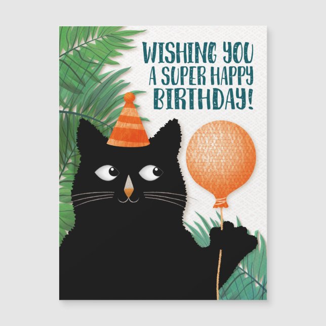Gato com chapéu de aniversário, balão e plantas (Frente)