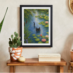 Gato com Nenúfares Inspirado em Monet Impressão de
