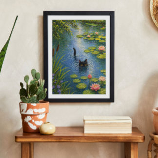 Gato com Nenúfares Inspirado em Monet Impressão de