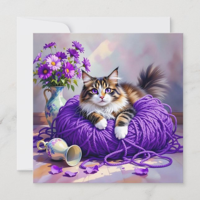 Gato com Olhos Roxos em Fio de Lã Roxa e Flores (Frente)