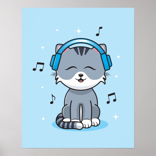 Gato com Poster de Fones de ouvido de (16x20) (Frente)