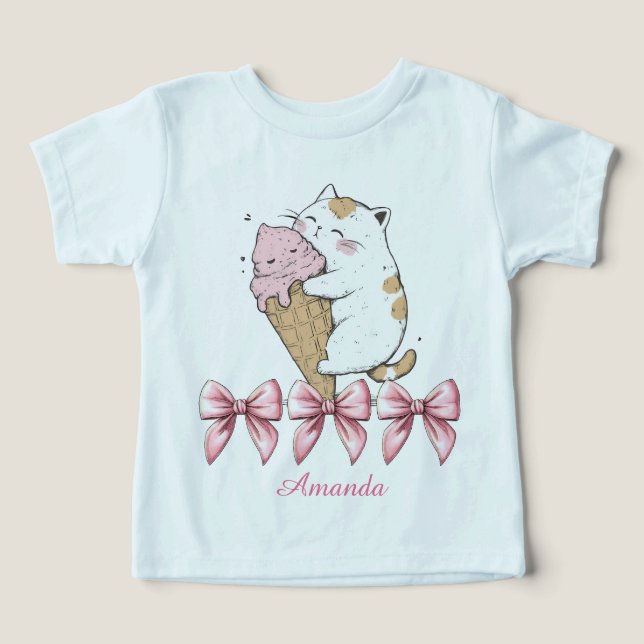 Gato com Sorvete Cone e Nome Toddler T-Shirt (Design frontal)