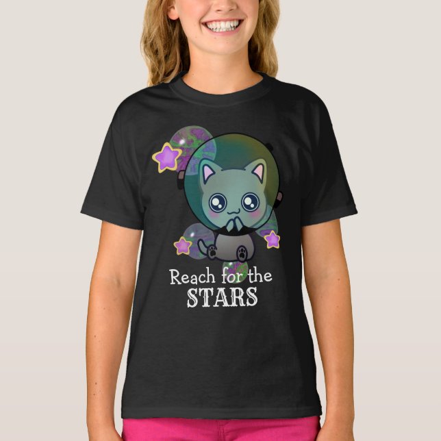 Gato de Astronauta Bonito no Espaço com Camisa T d (Frente)