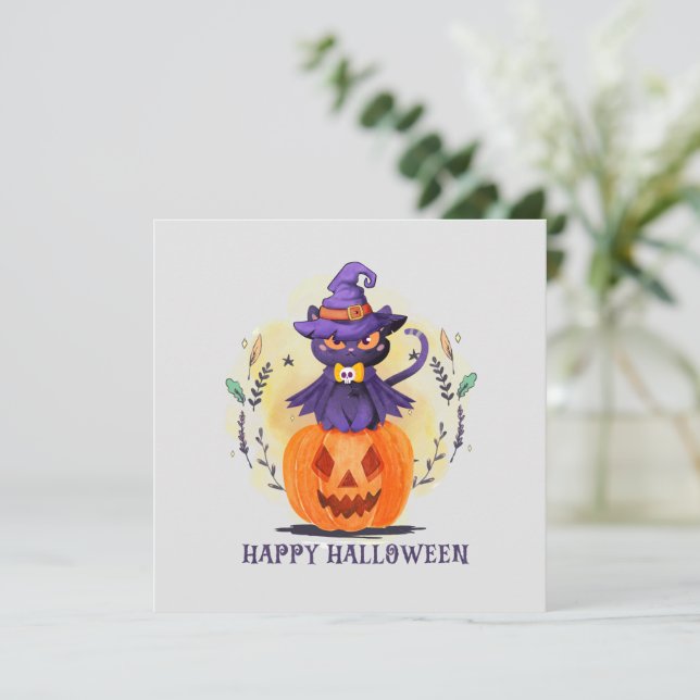 Gato de Bruxas Roxas na Abóbora - Feliz Halloween (Em pé/Frente)