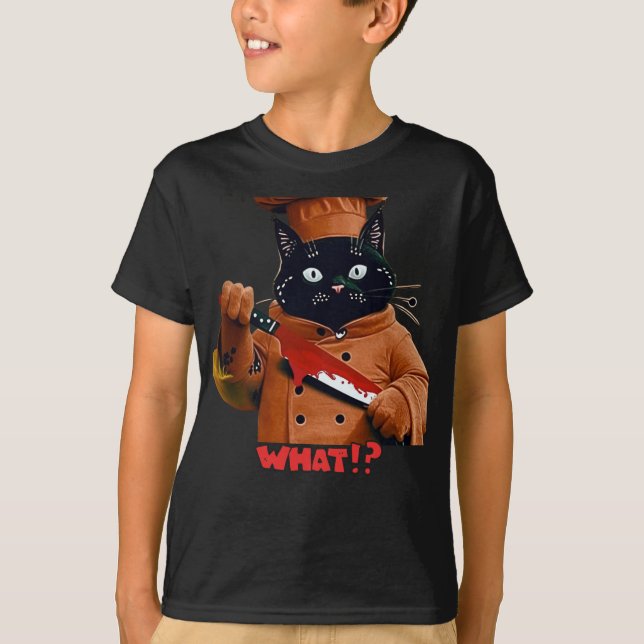 Gato de Chef Spooky "O quê?" Camiseta de Halloween (Frente)