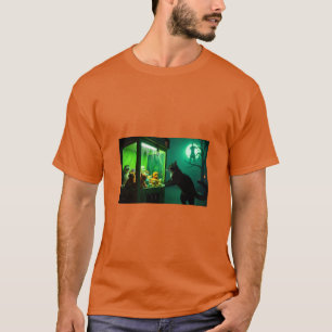 Gato de Halloween olhando a camiseta da máquina de