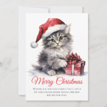 Gato de Natal com Aquarela - Cartão de Férias Não