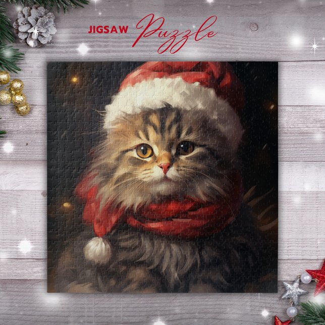 Gato de Natal numa Quebra-cabeça de chapéu de Papa (Christmas Cat in a Santa hat Puzzle)