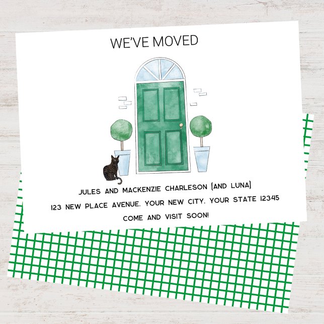 Gato De Porta Verde Que Mudamos Para Novo Anúncio  (Green door cat watercolor custom text new home we I have moved change of address moving announcement)