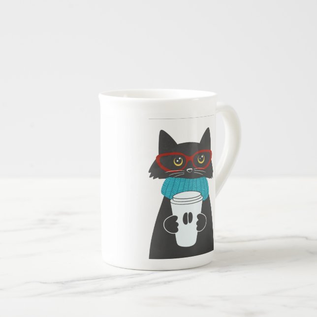 Gato de vidro segurando uma xícara de café (Frente Esquerda)