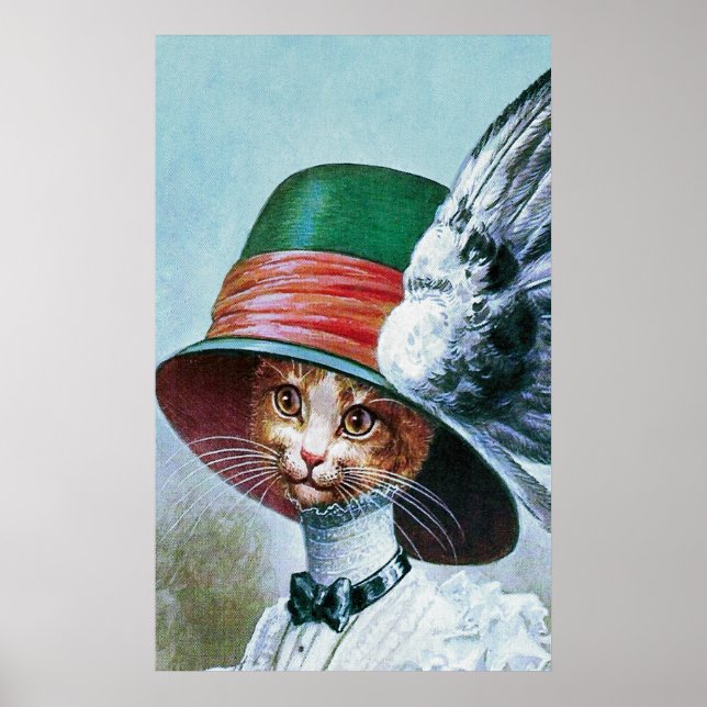 Gato de Vintage no Hat Poster (Frente)