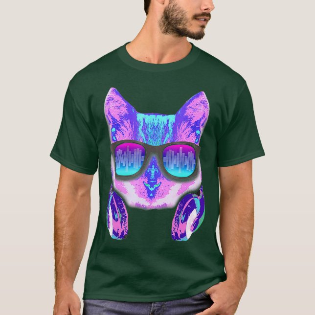 Gato DJ com arco-íris e Fones de ouvido Camisas (Frente)