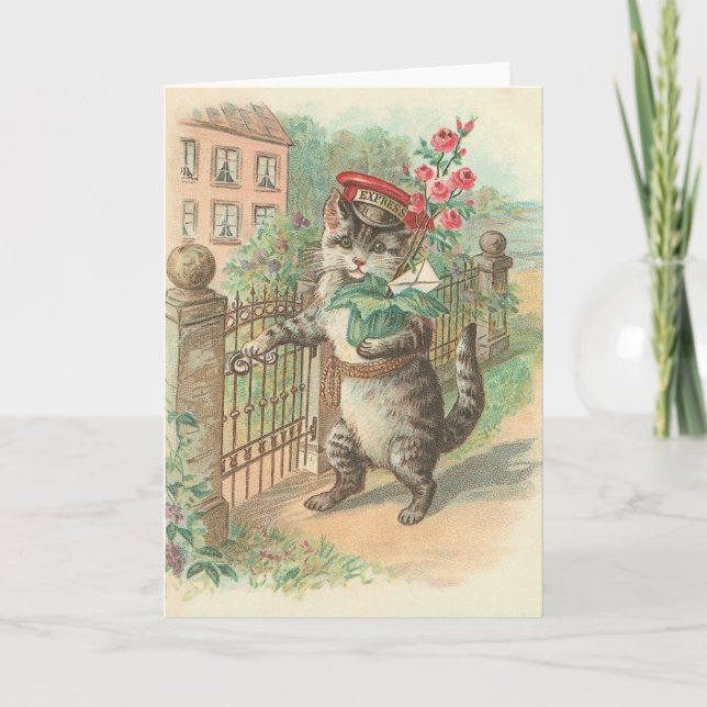 Gato do vintage que entrega o cartão de nota das (Frente)