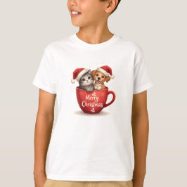 Gato e Cachorro Feliz Natal em Camisa de Caneca, P