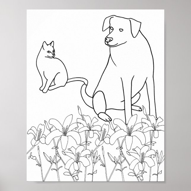 Gato e Cachorro por Lily Flowers, contorno, Poster (Frente)