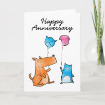 Gato e Cão com Cartão de Aniversário de Balões