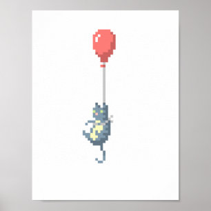 Gato e poster vermelho da arte do pixel do balão