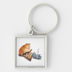 Gato e Rato Jogando Xadrez Chaveiro Engraçado