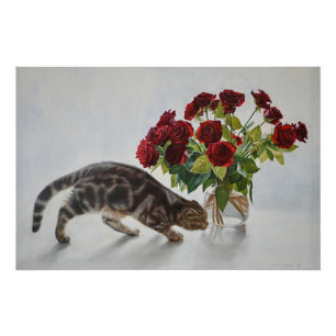 Gato e Rosas Vermelhas – Impressão de Pintura a Ól
