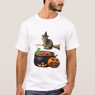 Gato em um cabo de vassoura no Halloween. Camiseta