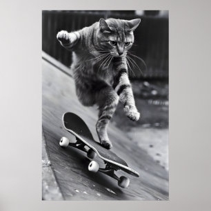 Gato Engraçado de Skate Impressão Vintage Preto