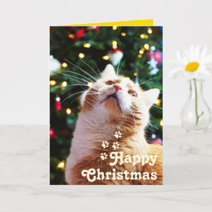 Gato Engraçado e Árvore Verde&Feliz Natal Cartão Ú