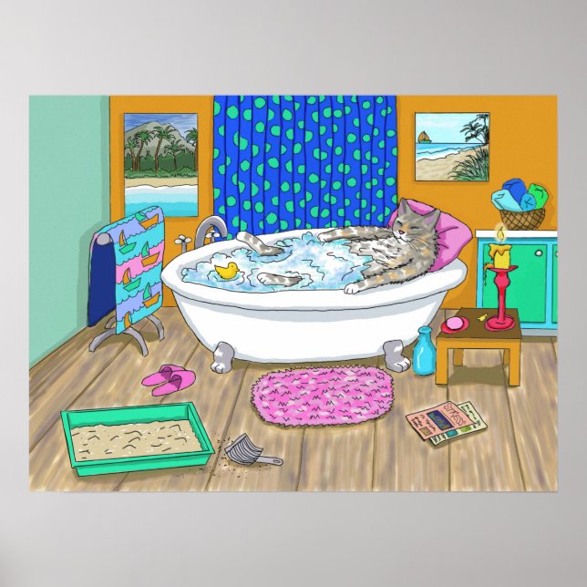Gato engraçado na Poster Bath 665 (Frente)