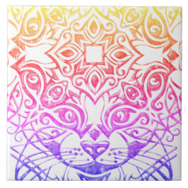 Gato Face Mandala Azulejo De Cerâmica Metálico De