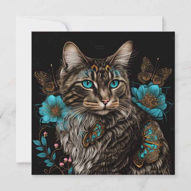 Gato fantástico com flores e borboletas Arte AI (Frente)