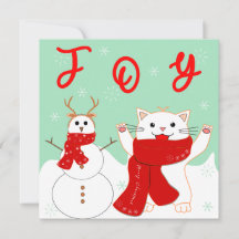 Gato Feliz Com Boneco de Neve | Cartão Plano de Na