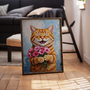 Gato Feliz Dando Um Poster De Arte De Parede Buquê