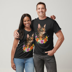 Gato Flor Floral Fofo Camiseta Gráfica Homens Mulh