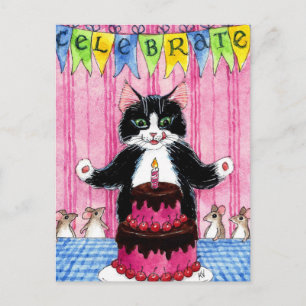 Gato fofo com cartão postal de bolo de celebração 