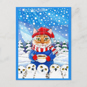 Gato Fofo com Corujas Nevadas cartão postal de Nat