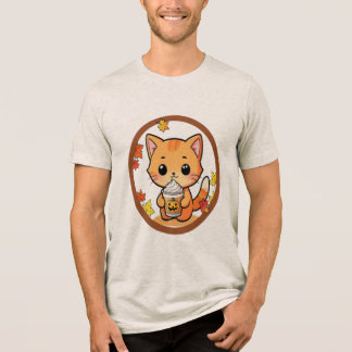 Gato Fofo de Outono com Camiseta de Abóbora