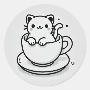 Gato Fofo em Xícara Adesivo Redondo