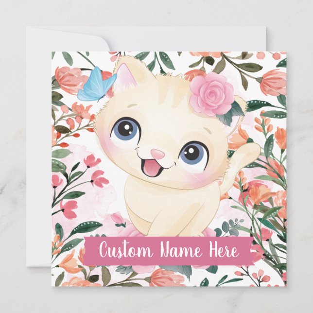 Gato Fofo Rosas Rosa Flores Nome Personalizado (Frente)