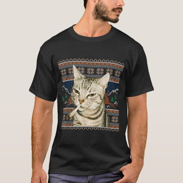 Gato Fumante Engraçado Meme Natal Suéter Feio Gato (Frente)