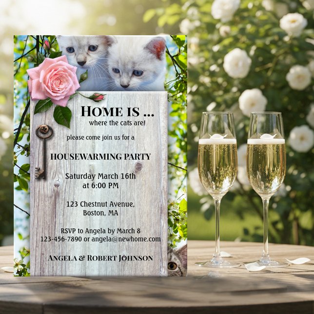 Gato-Gato-Gato-Gato Amante Convite Para Aqueciment (Housewarming invitation featuring two cute kitties on a rustic wood board with key with pink rose)